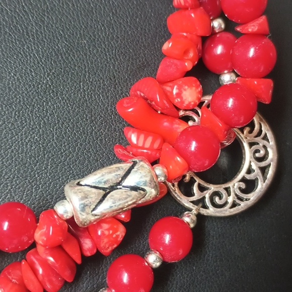 Red Beaded Necklace with Silver Accents - Picture 3 of 3